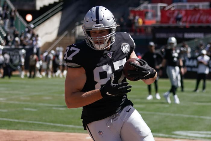 Las Vegas Raiders tight end Foster Moreau (87) before the game against the Kansas City Chiefs